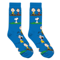 Close-up view of the 'Charlie & The Outdoors' socks, showcasing the detail of the Peanuts characters and the blue background.
