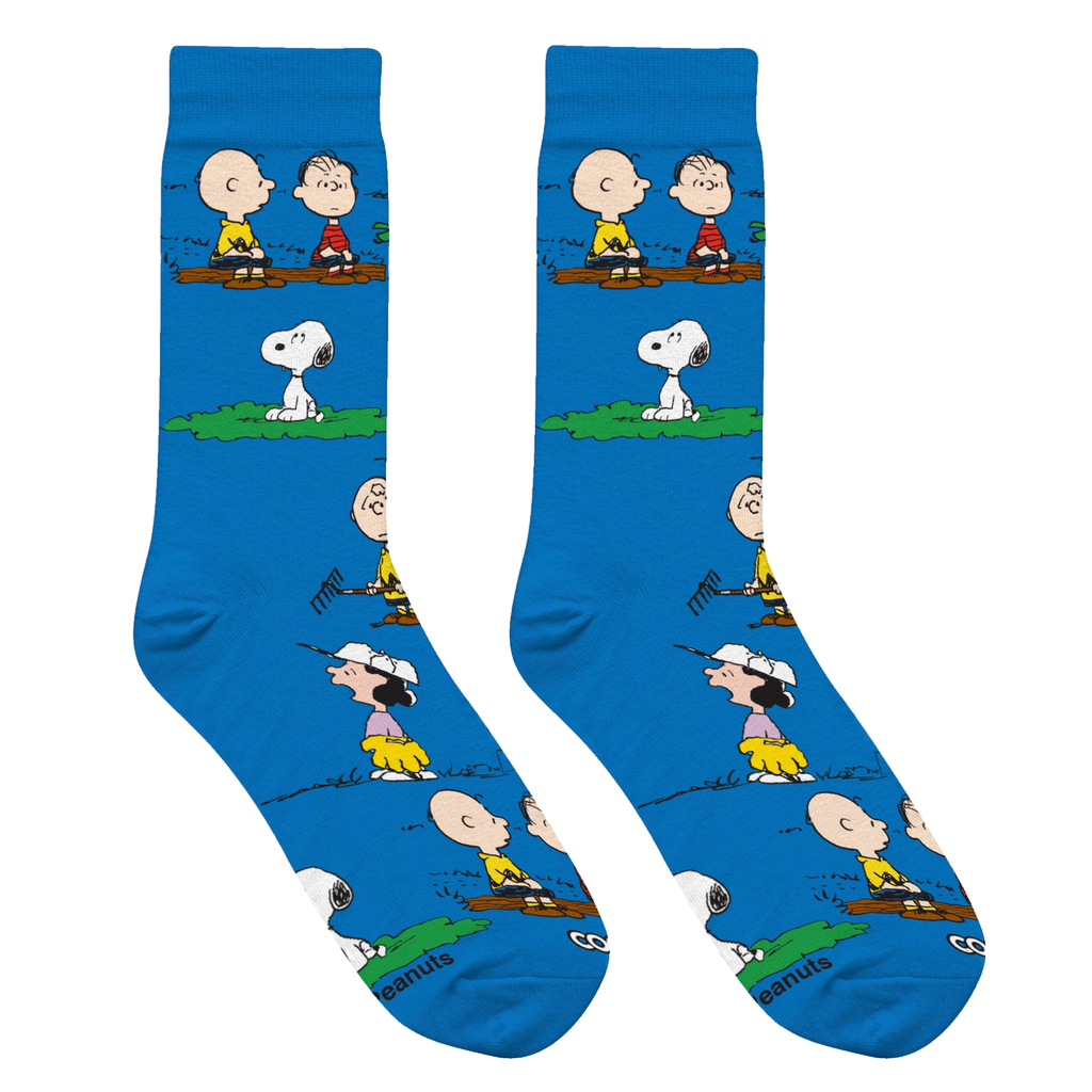 Close-up view of the 'Charlie & The Outdoors' socks, showcasing the detail of the Peanuts characters and the blue background.
