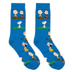 Close-up view of the 'Charlie & The Outdoors' socks, showcasing the detail of the Peanuts characters and the blue background.