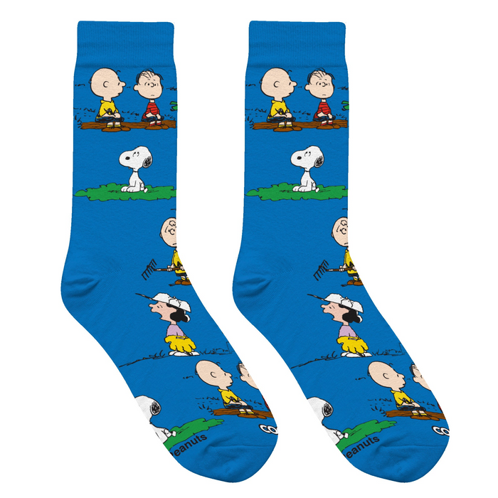 Close-up view of the 'Charlie & The Outdoors' socks, showcasing the detail of the Peanuts characters and the blue background.