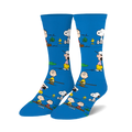 Crew socks in bright blue featuring Peanuts characters like Snoopy and Charlie Brown engaged in outdoor activities. 