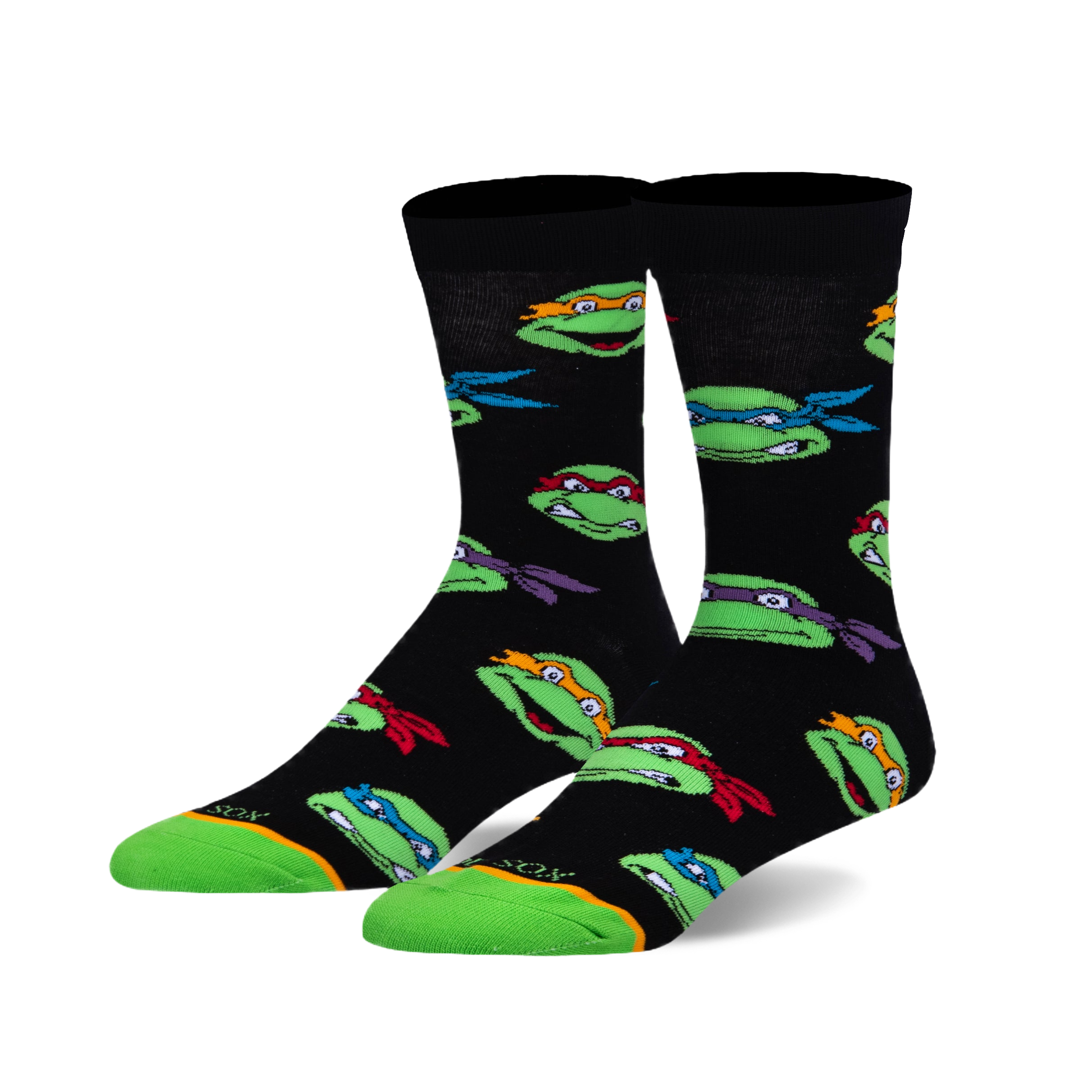 Pair of black crew socks with a fun, colorful Teenage Mutant Ninja Turtles face pattern. Lime green accents at the toe and heel.