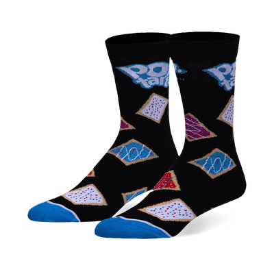 Black crew socks featuring the blue Pop-Tarts logo and a pattern of assorted frosted toaster pastries with a solid blue toe.