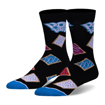 Black crew socks featuring the blue Pop-Tarts logo and a pattern of assorted frosted toaster pastries with a solid blue toe.
