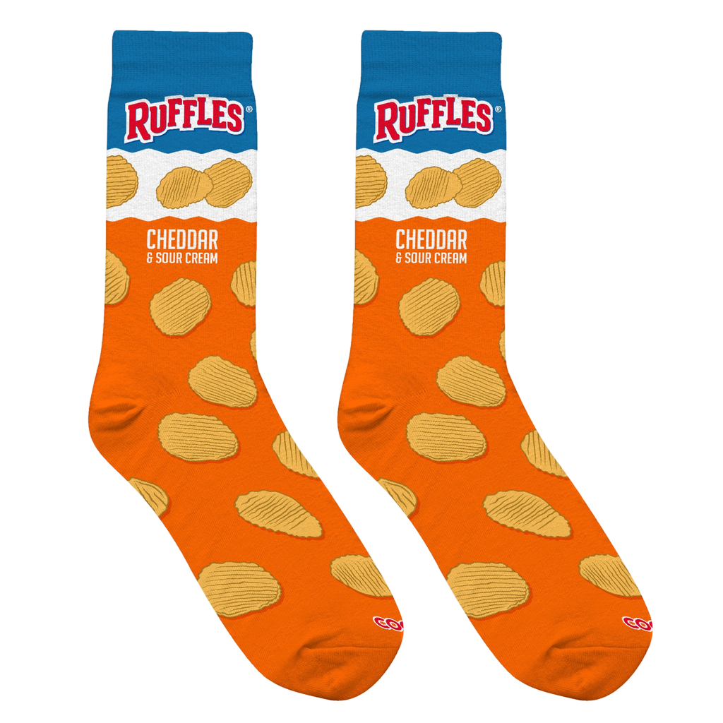 Lifestyle shot of Ruffles Cheddar & Sour Cream socks on a model's feet.