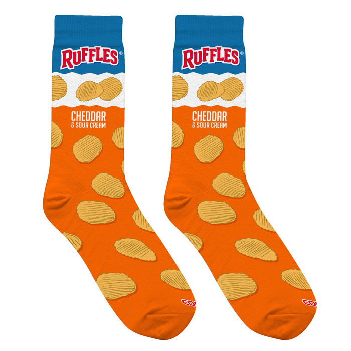 Lifestyle shot of Ruffles Cheddar & Sour Cream socks on a model's feet.
