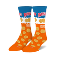 Pair of crew socks; orange and blue, featuring a Ruffles potato chips design.  Cheddar & Sour Cream flavor is prominently displayed.