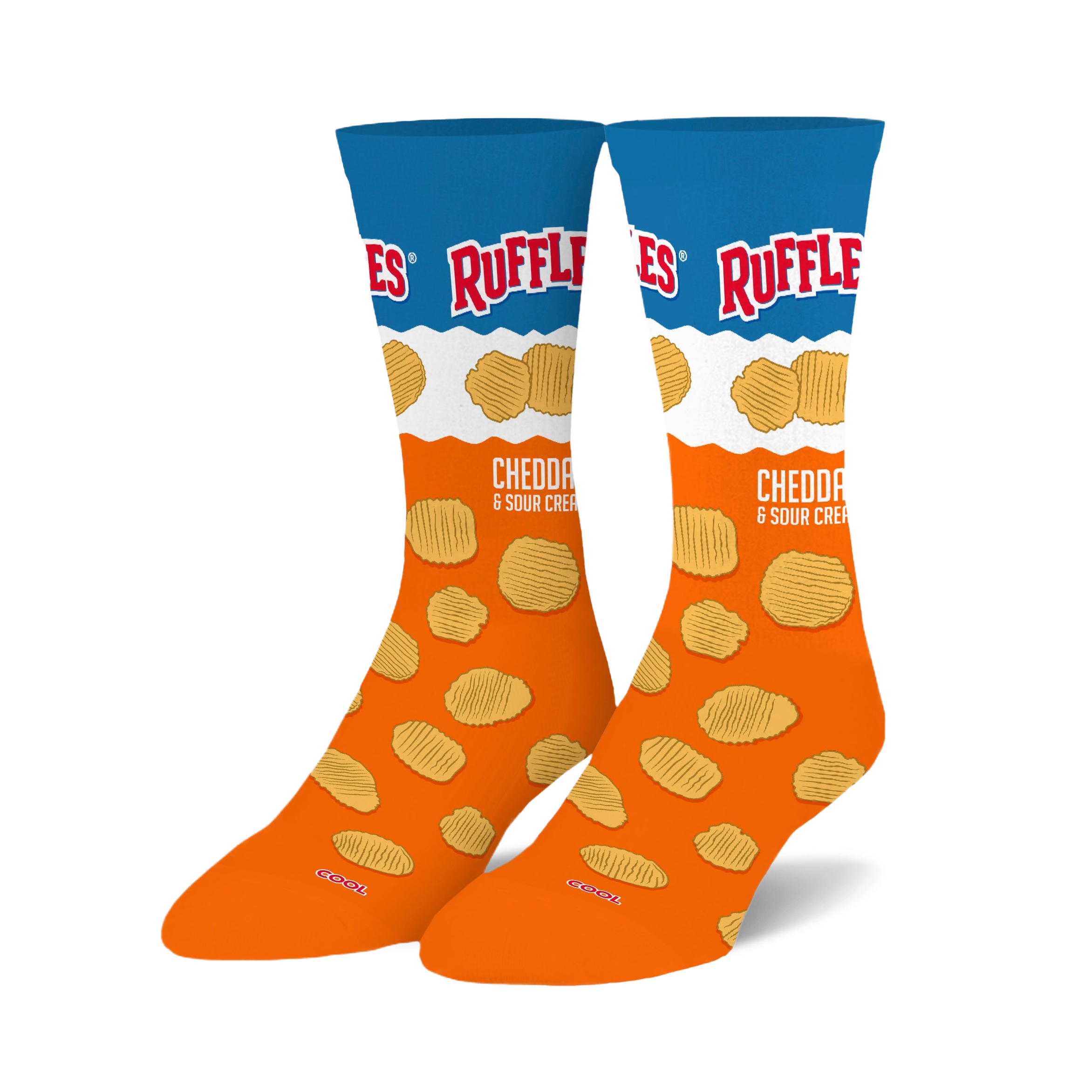 Pair of crew socks; orange and blue, featuring a Ruffles potato chips design.  Cheddar & Sour Cream flavor is prominently displayed.