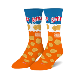Pair of crew socks; orange and blue, featuring a Ruffles potato chips design.  Cheddar & Sour Cream flavor is prominently displayed.