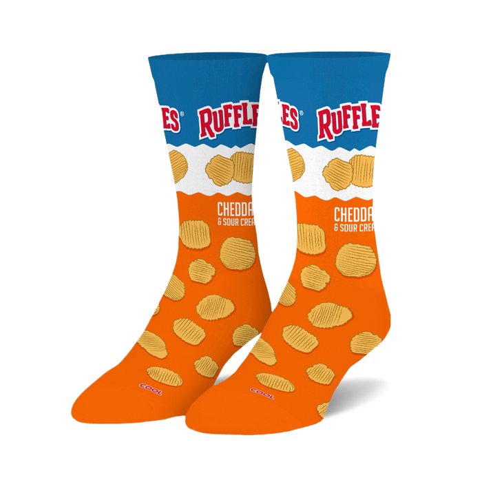 Pair of crew socks; orange and blue, featuring a Ruffles potato chips design.  Cheddar & Sour Cream flavor is prominently displayed.