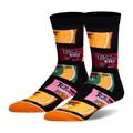 Black crew socks featuring Top Ramen packets in red Beef, pink Shrimp, green Chili, and orange Chicken with an orange toe.