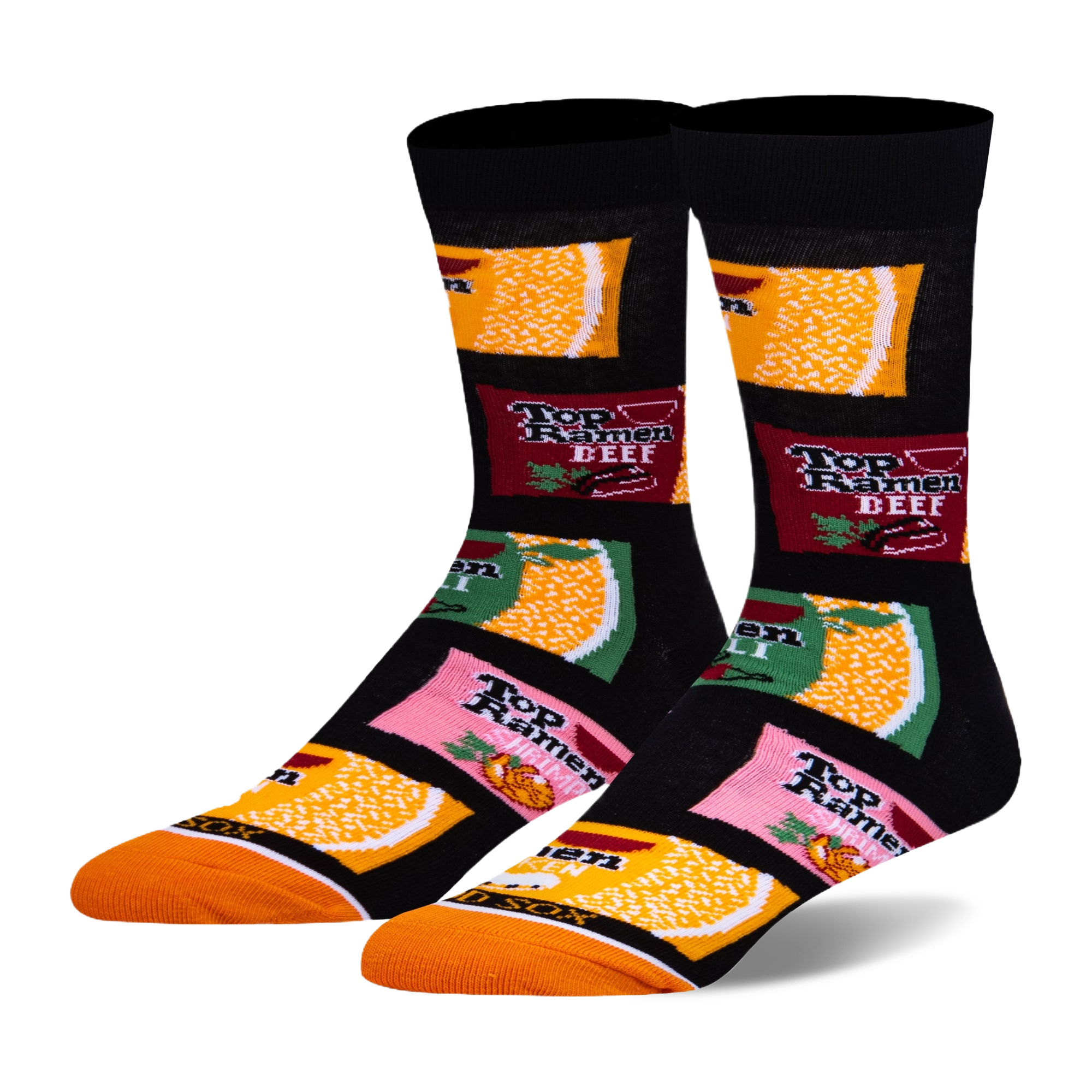 Black crew socks featuring Top Ramen packets in red Beef, pink Shrimp, green Chili, and orange Chicken with an orange toe.