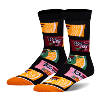 Black crew socks featuring Top Ramen packets in red Beef, pink Shrimp, green Chili, and orange Chicken with an orange toe.