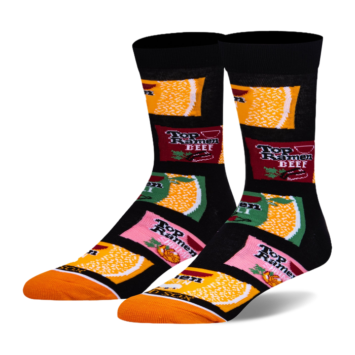 Black crew socks featuring Top Ramen packets in red Beef, pink Shrimp, green Chili, and orange Chicken with an orange toe. }}