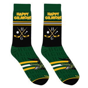 Lifestyle shot of Happy Gilmore socks on a person's feet; shows the socks in action.