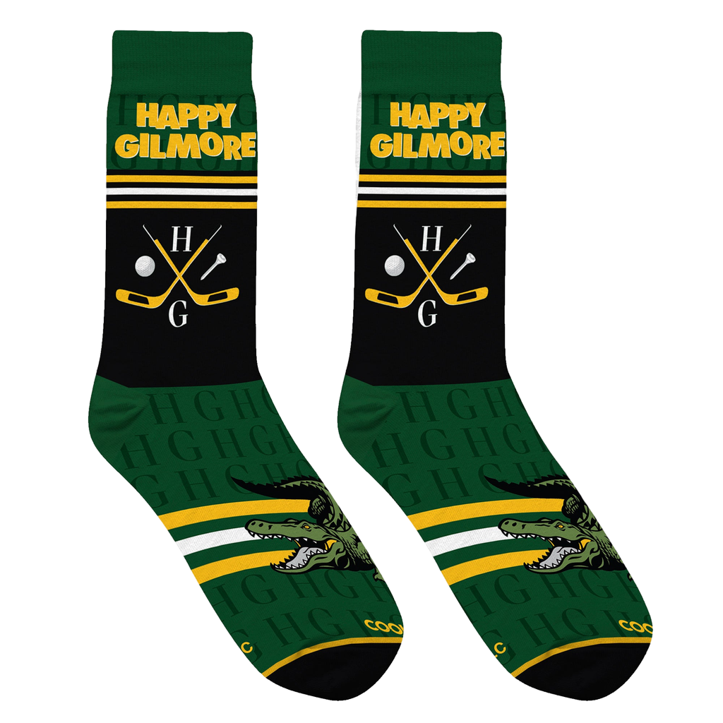 Lifestyle shot of Happy Gilmore socks on a person's feet; shows the socks in action.