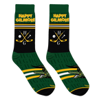 Lifestyle shot of Happy Gilmore socks on a person's feet; shows the socks in action.