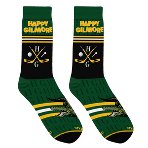 Lifestyle shot of Happy Gilmore socks on a person's feet; shows the socks in action.