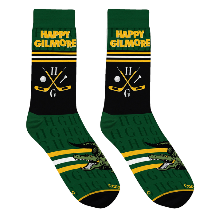 Lifestyle shot of Happy Gilmore socks on a person's feet; shows the socks in action.
