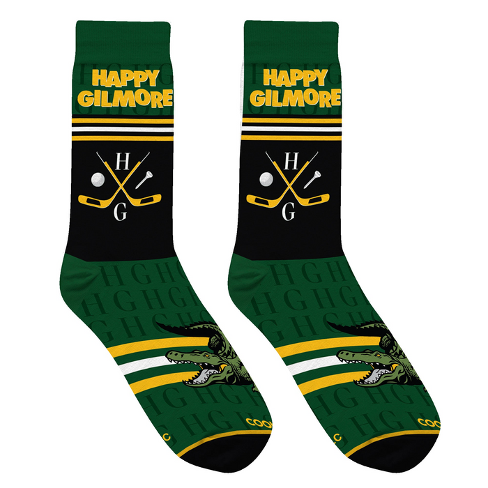 Lifestyle shot of Happy Gilmore socks on a person's feet; shows the socks in action.