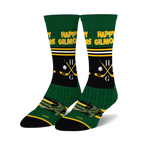 Pair of Happy Gilmore crew socks. Green, black, and white design with alligator, hockey sticks, golf clubs, and Happy Gilmore text.