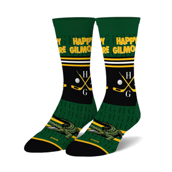 Pair of Happy Gilmore themed crew socks in green, black, and yellow, with golf clubs and an alligator graphic.