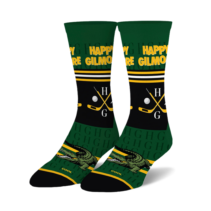 Pair of Happy Gilmore crew socks. Green, black, and white design with alligator, hockey sticks, golf clubs, and Happy Gilmore text.