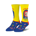 Pair of crew socks; yellow and blue, featuring Chucky from Child's Play, axes, and sheriff's hats. The text reads 'Good Guys' and 'Chucky Cool'.
