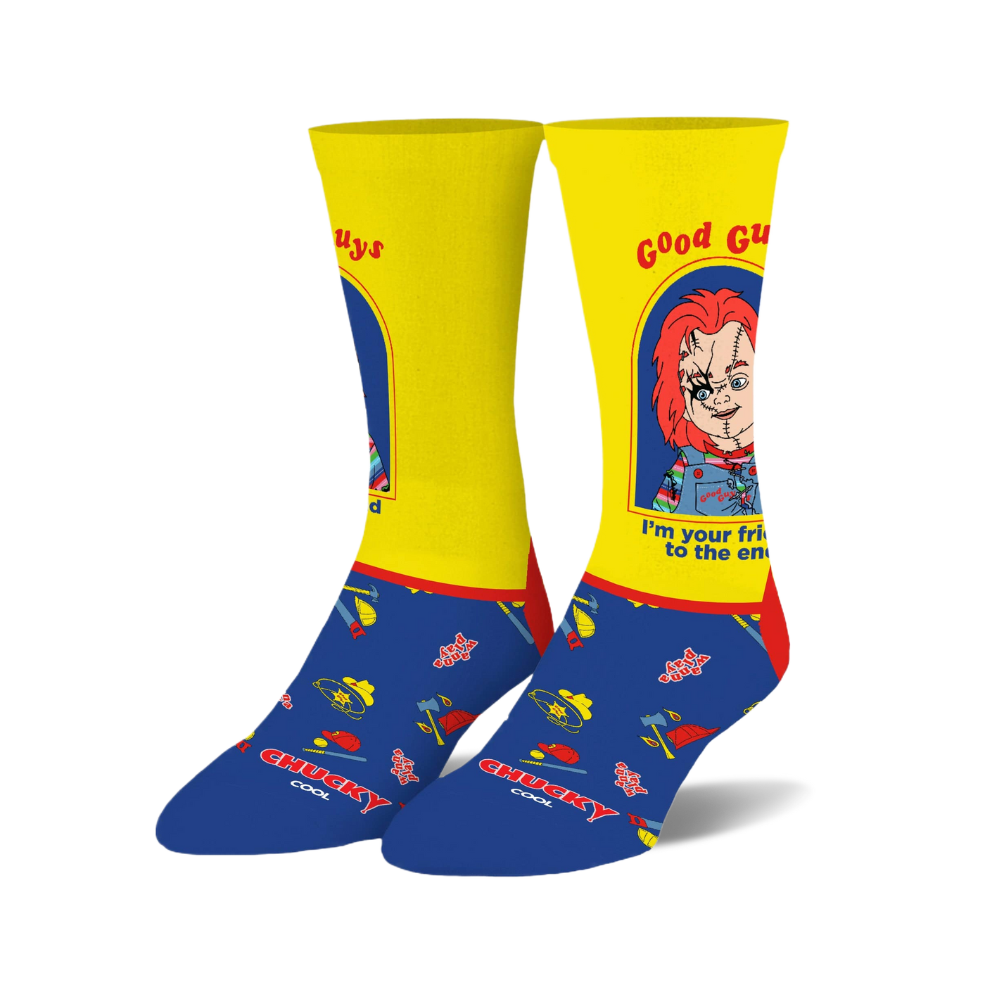Pair of crew socks; yellow and blue, featuring Chucky from Child's Play, axes, and sheriff's hats. The text reads 'Good Guys' and 'Chucky Cool'.