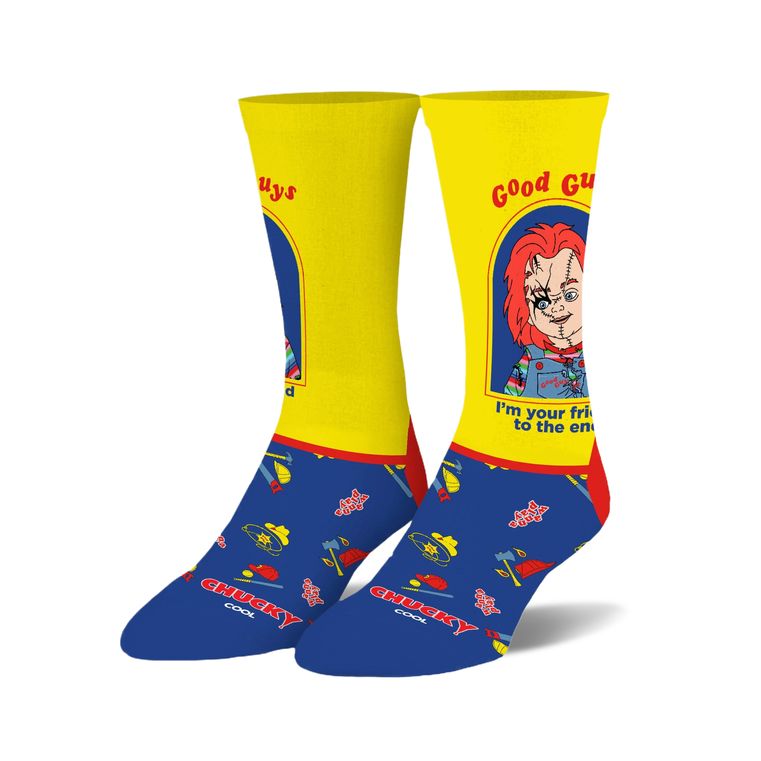 Pair of crew socks; yellow and blue, featuring Chucky from Child's Play, axes, and sheriff's hats. The text reads 'Good Guys' and 'Chucky Cool'.