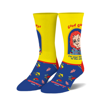 A pair of Chucky crew socks. Yellow cuffs show Chucky and "Good Guys". Blue lower half with red axes and blue hats.