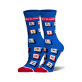 A pair of women's crew socks in blue with red and white accents. The socks are covered in Scrabble letter tiles.