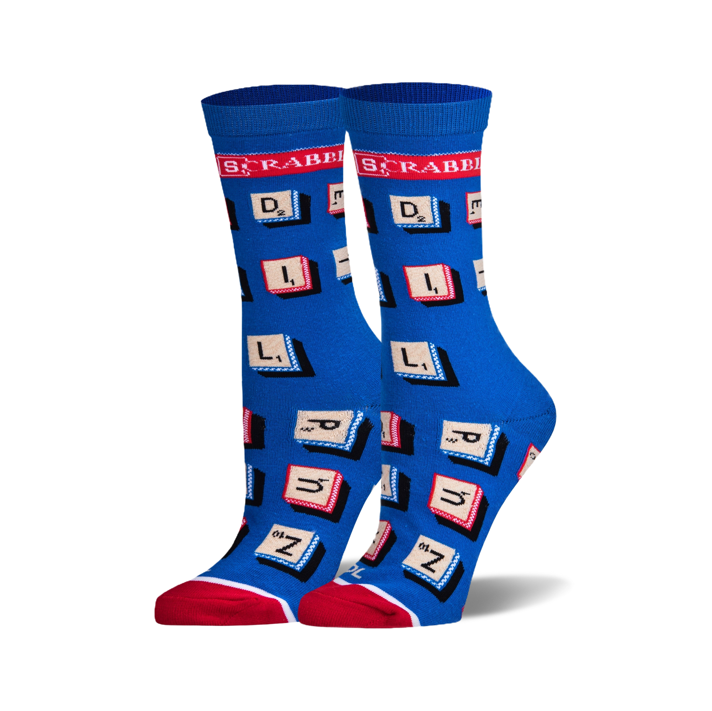 A pair of women's crew socks in blue with red and white accents. The socks are covered in Scrabble letter tiles.