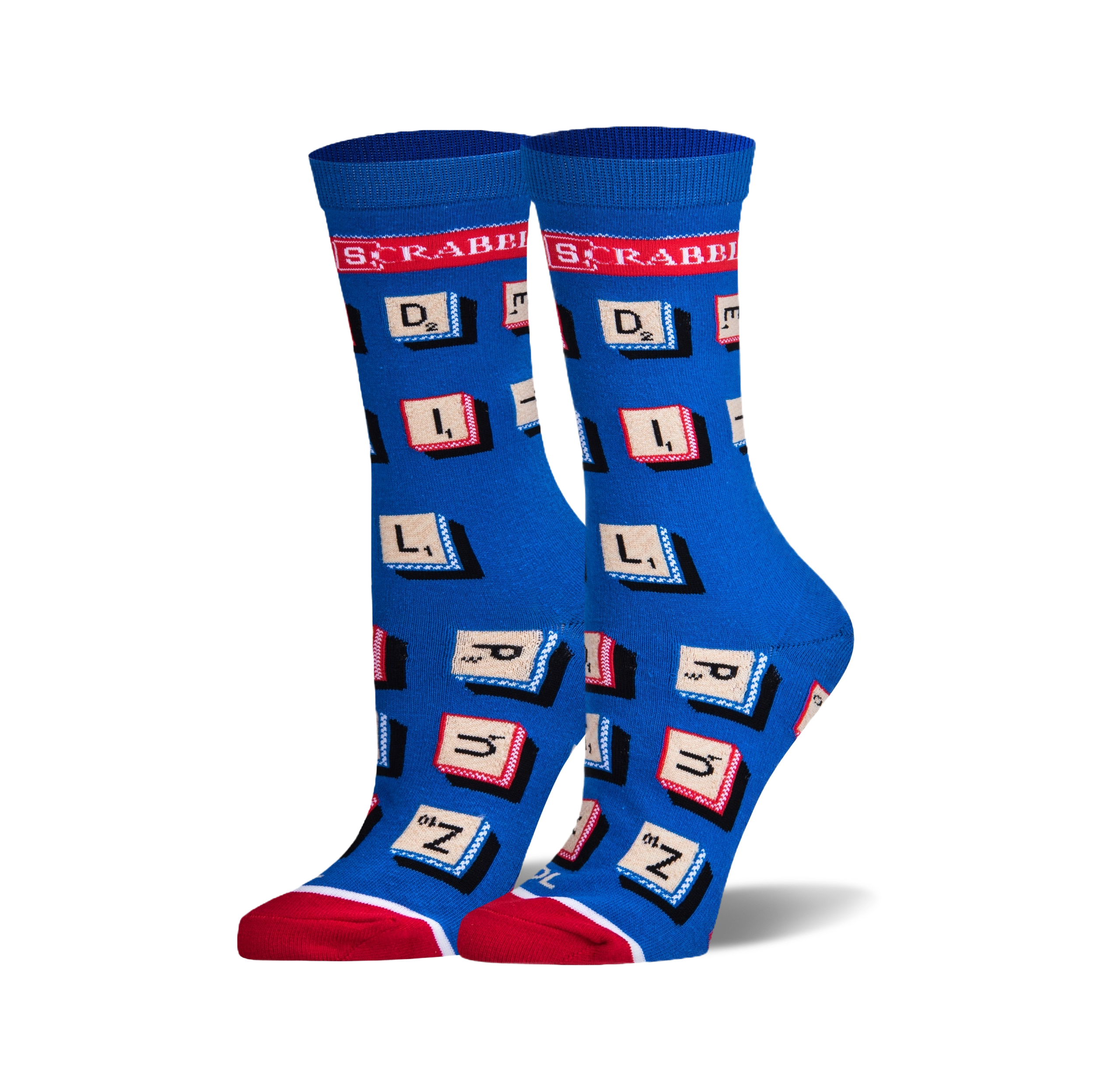 A pair of women's crew socks in blue with red and white accents. The socks are covered in Scrabble letter tiles.