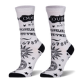 White socks with black Ouija board design showing letters, numbers, stars, and celestial faces. Black heel and toe.