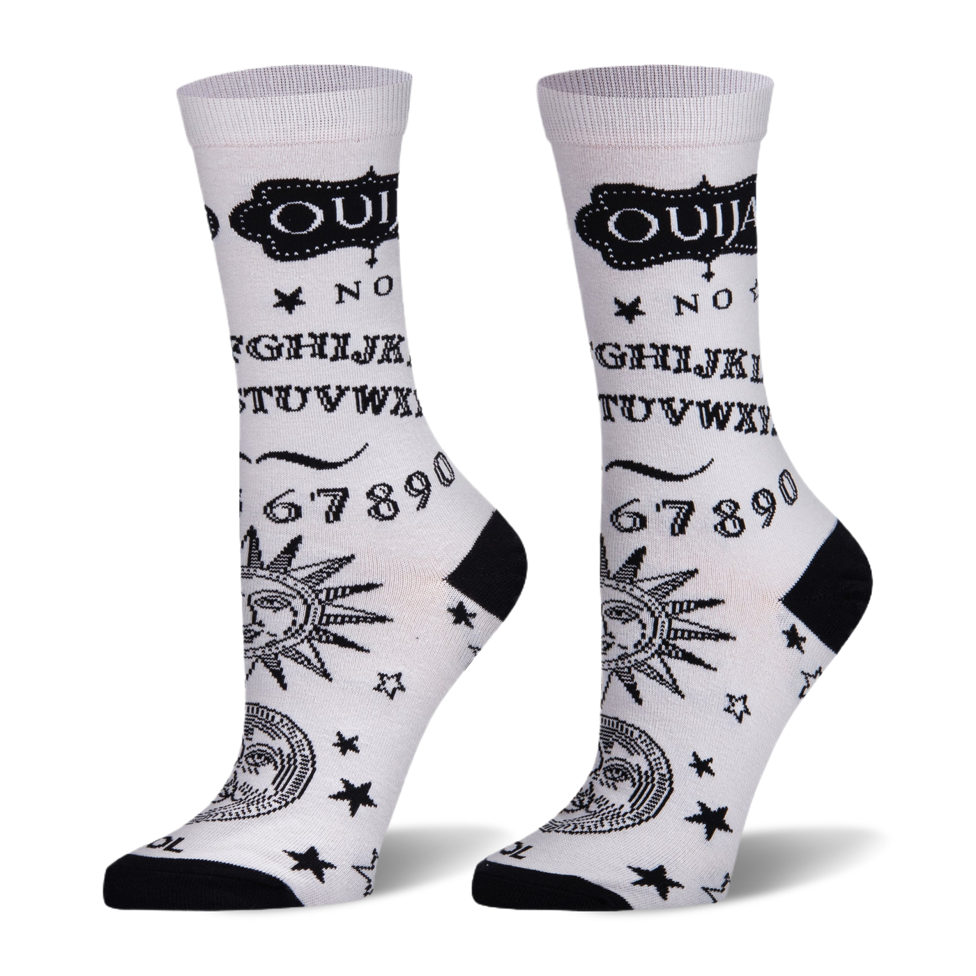 White socks with black Ouija board design showing letters, numbers, stars, and celestial faces. Black heel and toe.