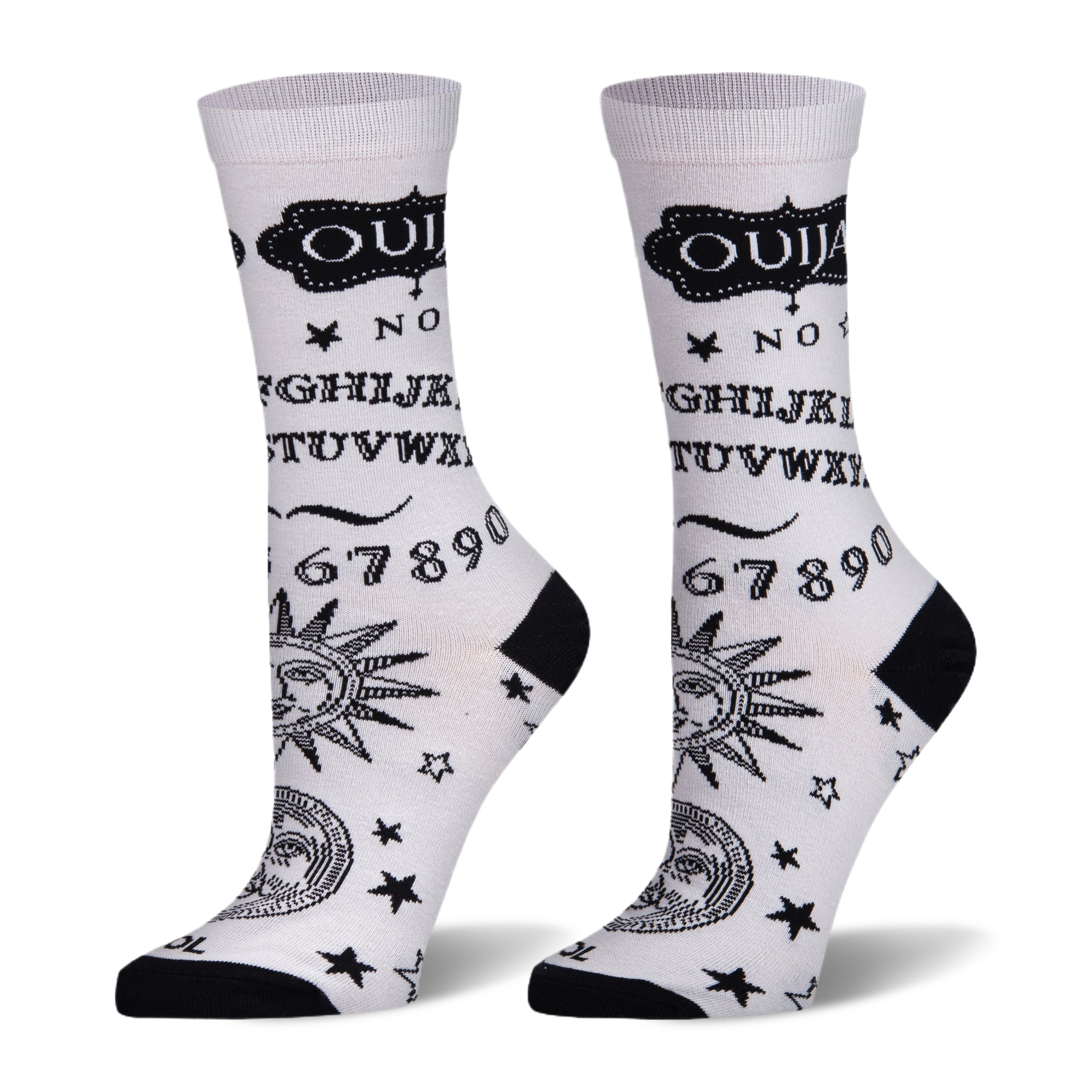 White socks with black Ouija board design showing letters, numbers, stars, and celestial faces. Black heel and toe.