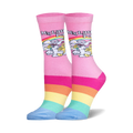 Pair of crew socks in pink, featuring a retro My Little Pony design and rainbow stripes at the bottom. 