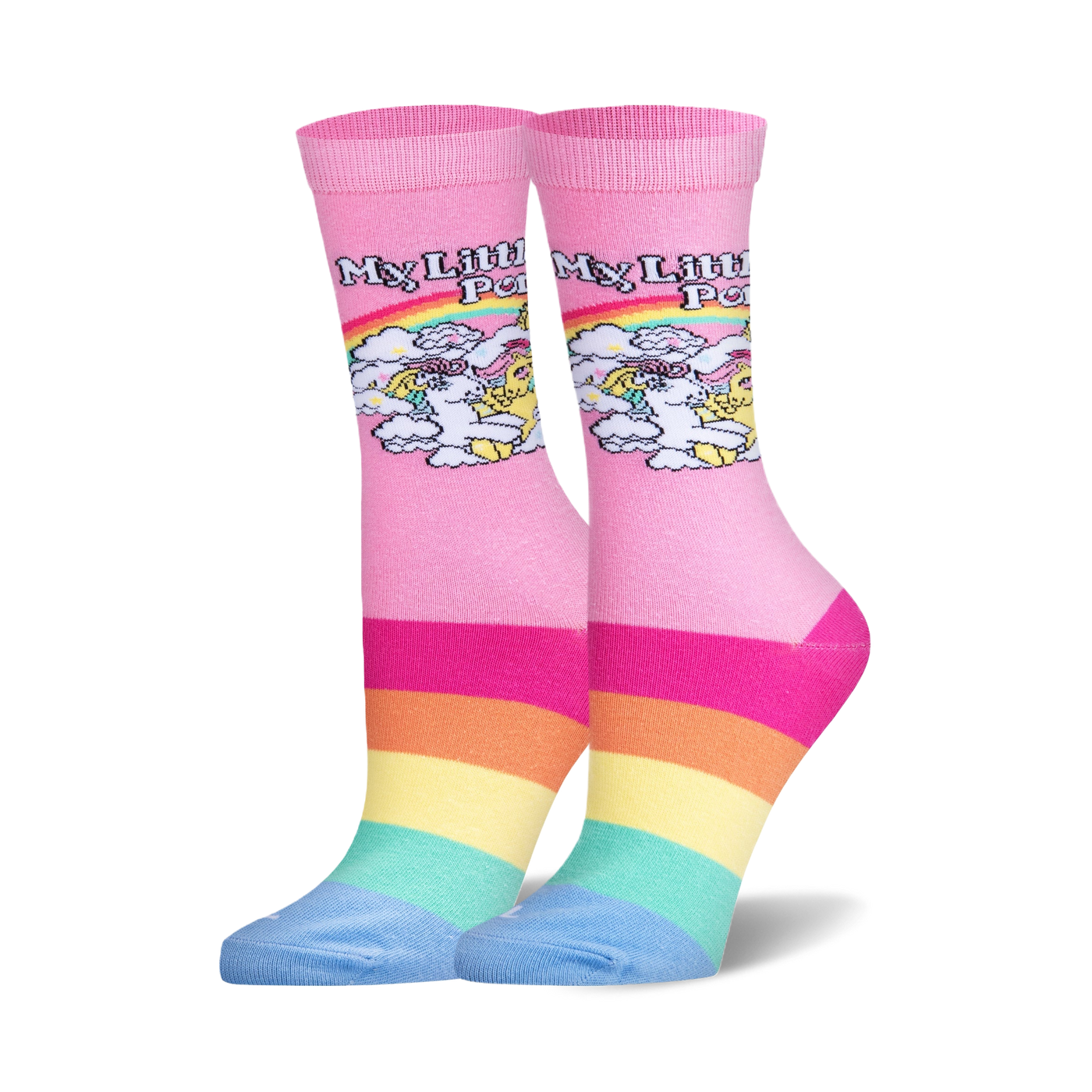 Pair of crew socks in pink, featuring a retro My Little Pony design and rainbow stripes at the bottom. 