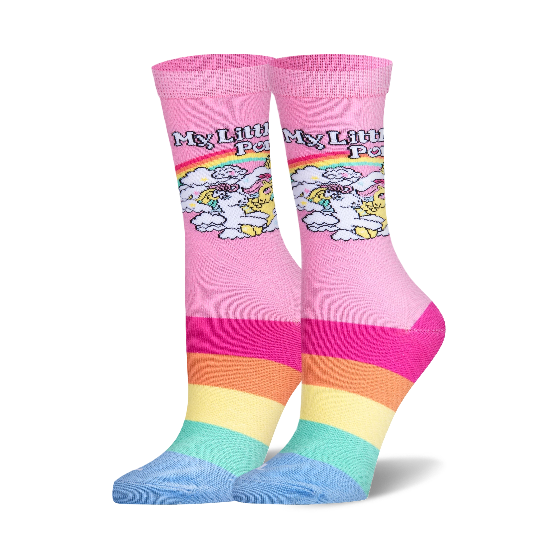 Pair of crew socks in pink, featuring a retro My Little Pony design and rainbow stripes at the bottom. 