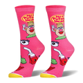 Bright pink socks featuring Mrs. Potato Head, a yellow logo, and scattered accessories like eyes, lips, and a red purse.