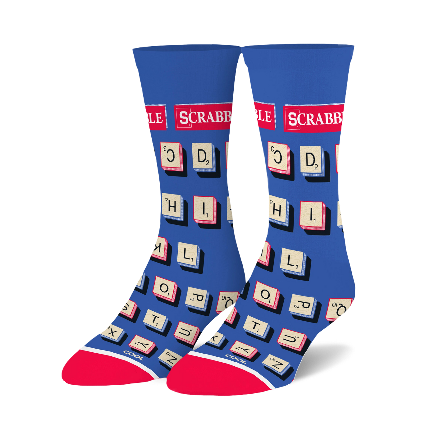 Pair of blue crew socks with a Scrabble tile design.  Tiles are cream and red on a royal blue background. Red and white accents at the cuffs.