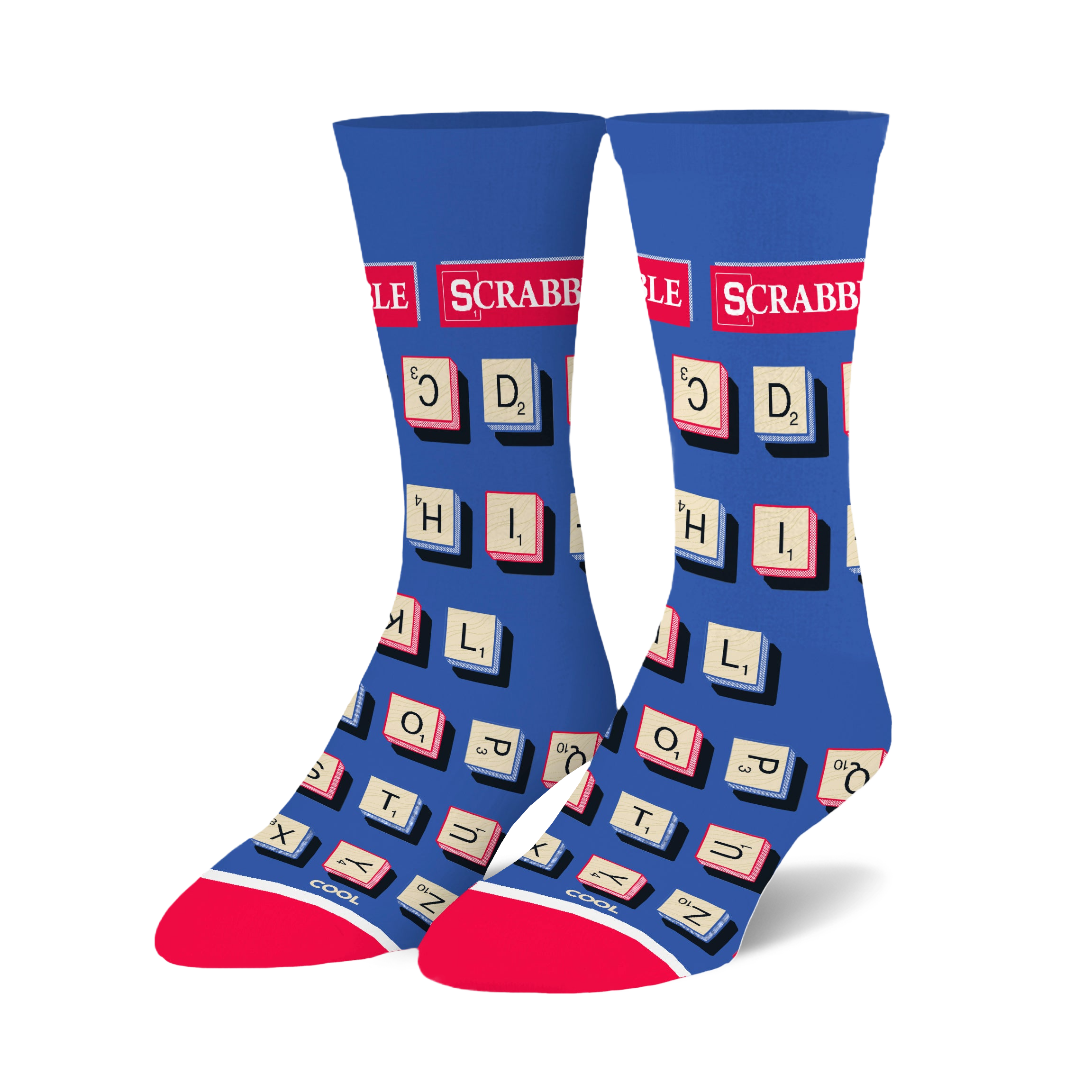 Pair of blue crew socks with a Scrabble tile design.  Tiles are cream and red on a royal blue background. Red and white accents at the cuffs.