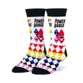 White crew socks with the Power Rangers logo and colored helmet icons, featuring a bright diamond pattern on the lower half.
