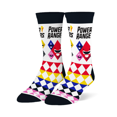White crew socks with the Power Rangers logo and colored helmet icons, featuring a bright diamond pattern on the lower half.
