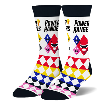 White crew socks with the Power Rangers logo and colored helmet icons, featuring a bright diamond pattern on the lower half.