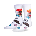 White crew socks featuring the Mr. Potato Head logo and character on the calf, with scattered loose toy parts on the foot.
