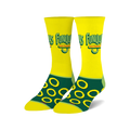 Pair of Funyuns crew socks in yellow and green. The socks feature the Funyuns logo and repeating onion ring design.