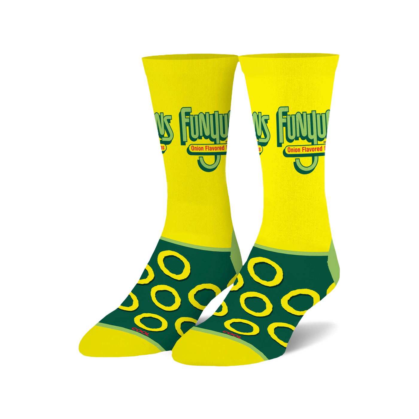Pair of Funyuns crew socks in yellow and green. The socks feature the Funyuns logo and repeating onion ring design.