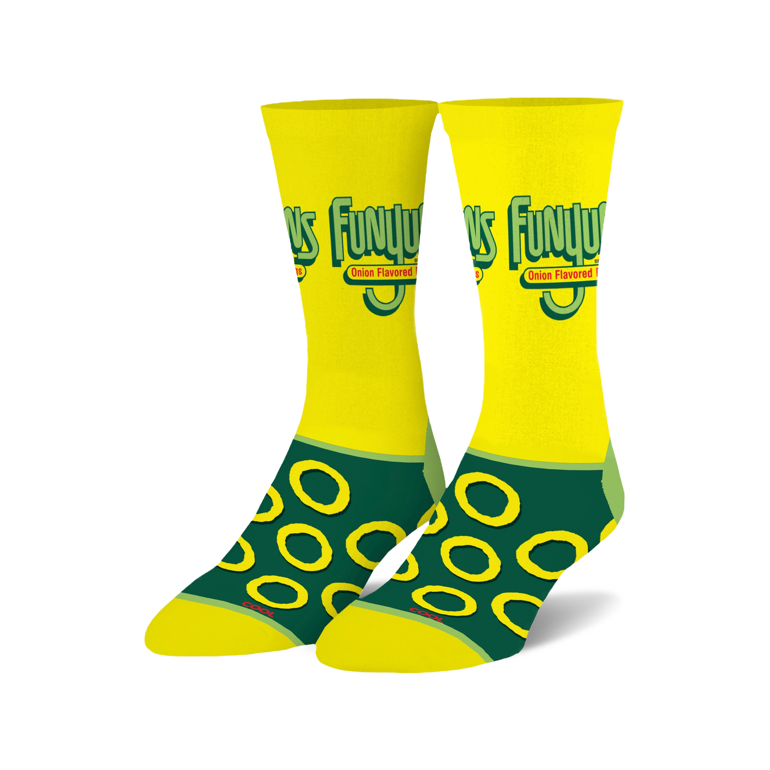 Pair of Funyuns crew socks in yellow and green. The socks feature the Funyuns logo and repeating onion ring design.